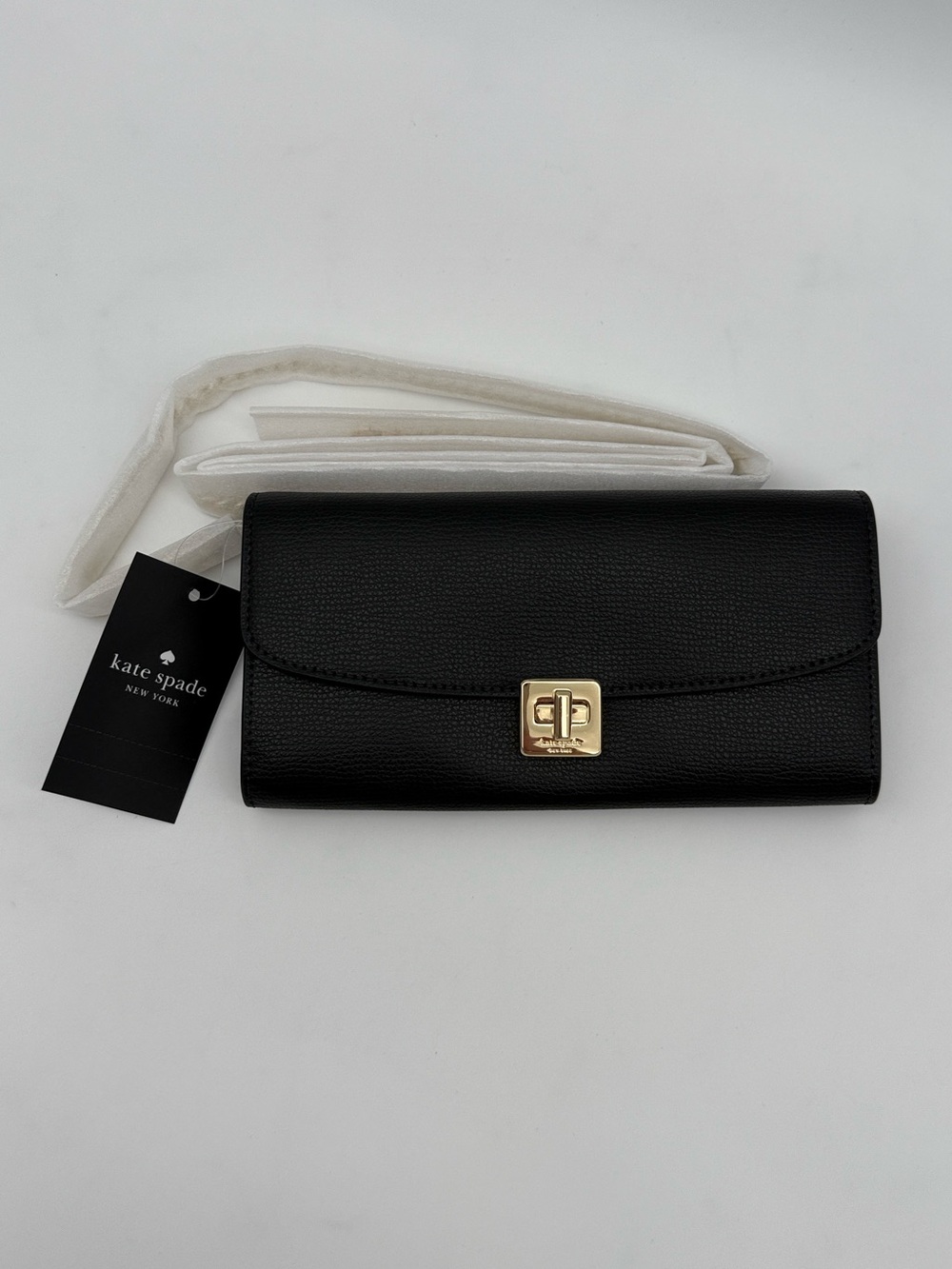 Kate Spade Phoebe Refined Grain Leather Turnlock Wallet On A Chain Black Gold